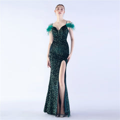 Elegant  Ostrich Feather Sequined Long Evening Dress