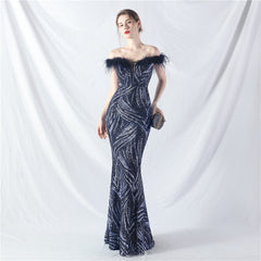 Elegant Boning Corset Ostrich Feather Sequined Evening Dress