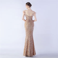 Elegant  Ostrich Feather Sequined Long Evening Dress