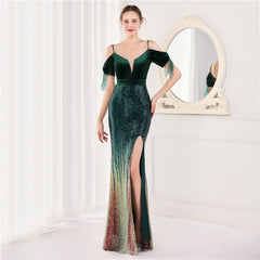 Elegant Velvet Short Sleeve Spaghetti Straps Evening Dress