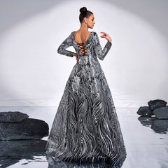 Long Sleeved Round Neck Sequined Evening Dress