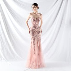 Beaded Stitching Mesh Sequined Evening Dress