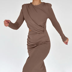 Sexy Brown Long Sleeve Cutout Pleated Party Dress