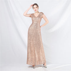 Elegant Craft Beaded Sequined Long A line Evening Dress