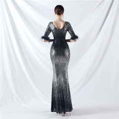 Elegant Feather Gradient Sequin Long Sleeve Evening Dress