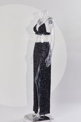 Sexy Sequined High Slit Skirt Set