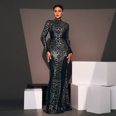 Long Sleeve Mock Neck Sequined Formal Dress