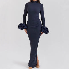 Long Sleeve Mock Neck Sheath Split Formal Dress