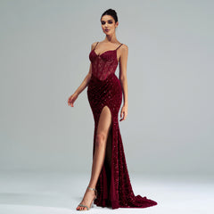 Elegant Cutout Boning Sequined Evening Dress