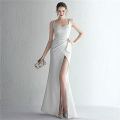 Satin Beaded Long Slit Formal Dress