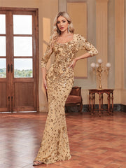 3/4 Sleeve Sequin Slim Fishtail Cocktail Evening Dress