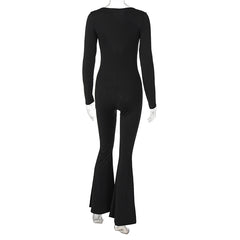 Women Long Sleeve Cutout V Neck Black Jumpsuit