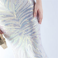 Elegant Floral Sequin Feather One Shoulder Evening Dress