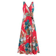 Summer Women V Neck Sleeveless Slit Printed Dress