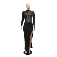 High Collar Long Sleeve Rhinestone High Slit Party Dress