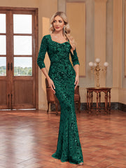 3/4 Sleeve Sequin Slim Fishtail Cocktail Evening Dress