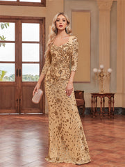 3/4 Sleeve Sequin Slim Fishtail Cocktail Evening Dress