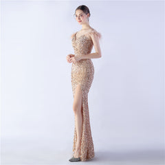 Elegant  Ostrich Feather Sequined Long Evening Dress