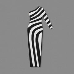 Black White Striped High Slit One Shoulder Day Dress