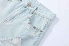 Light Blue Tassel Raw Hem Ripped A line Denim Shorts