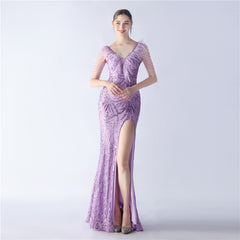 Elegant Feather Beaded Long Sequined Evening Dress