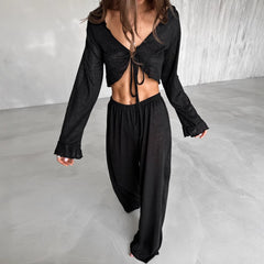 Knitted Tied Lotus Leaf Cropped Top Pajamas Two-Piece Sets