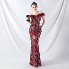 Elegant Boning Corset Ostrich Feather Sequined Evening Dress