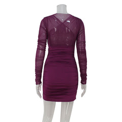 Women Lace Cross Long Sleeve Short Party Dress