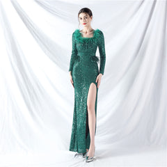 Ostrich Feather Long Sleeve Sequin Evening Dress