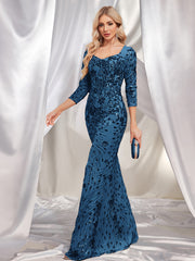 3/4 Sleeve Sequin Slim Fishtail Cocktail Evening Dress