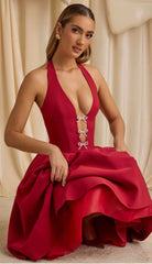 Deep V Plunge neck Halter Bow Backless Party Dress