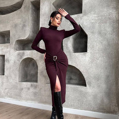 Women High Neck Long Sleeve High Split Formal Dress