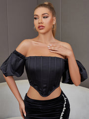 Off Shoulder Black Short Puff Sleeve Boning Corset Top