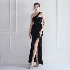 Elegant Velvet Bottom Sequin One Shoulder Evening Dress