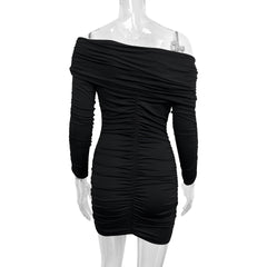 Long Sleeve Sexy One Shoulder Pleated Short Party Dress