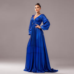 Long Sleeved V Neck Twisted Evening Dress