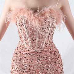 Elegant Boning Ostrich Plush Bottom Sequin Evening Dress