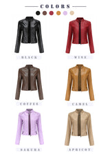 Women Rivets Leather Short Thin Stand Collar Jacket