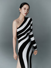 Black White Striped High Slit One Shoulder Day Dress