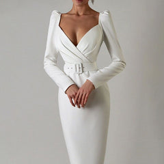 Elegant Low Cut Long Sleeve Cross Design Dress with Belt