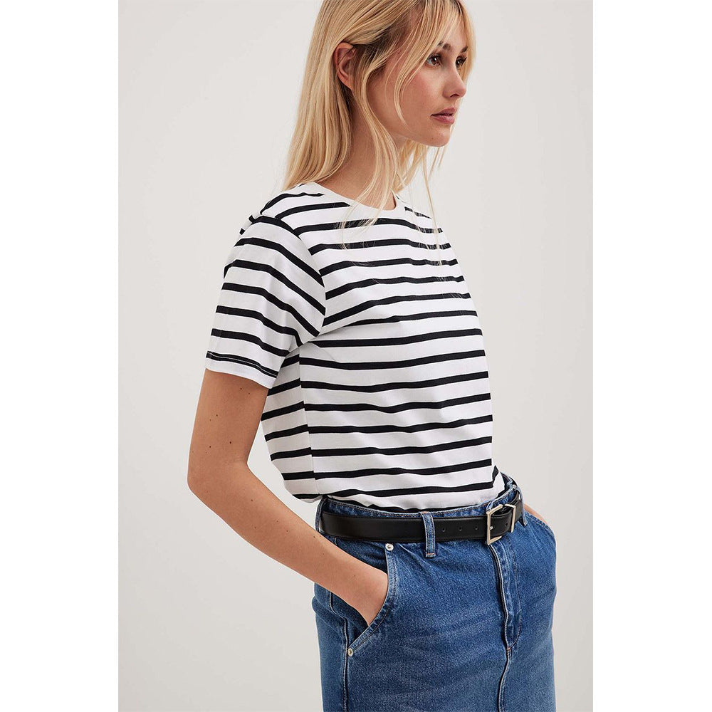 Short Sleeve Loose Cotton Crew Neck Striped T shirt