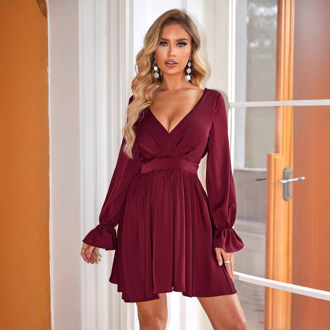 Deep V Plunge Neck Casual Pleated Long Sleeve Backless Dress