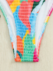 Color Block Printed Smocked Stitching Bikini Set