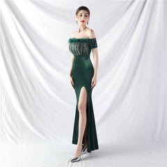 Elegant Ostrich Fur Velvet off Neck Evening Dress