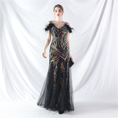 Craft Order Ostrich Hair Sequin Stitching Mesh High End Evening Dress