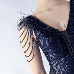 Elegant Feather Beaded Long Sequined Evening Dress