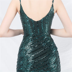 Women Sling Shoulder Low Cut Sequined Evening Dress