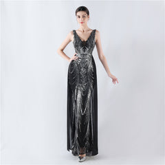 Women Floral Sequin with Cloak Craft Beaded Evening Dress