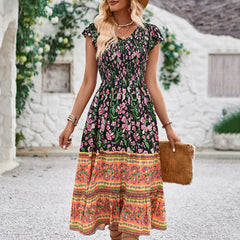 Summer Floral Print Bohemian Vacation V neck Dress