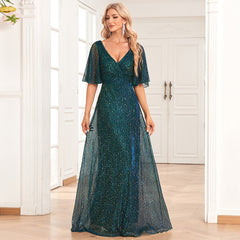 Butterfly See Through Sleeve Sequined V Neck Pleated Evening Dress